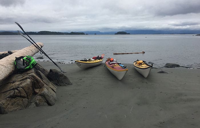 Lunch was spent on Turret Island’s best beach, with dark clouds on the horizon. We were well prepared for the weather, which has been wet and cool this early summer off British Columbia’s west coast. Photo by Mike Robinson